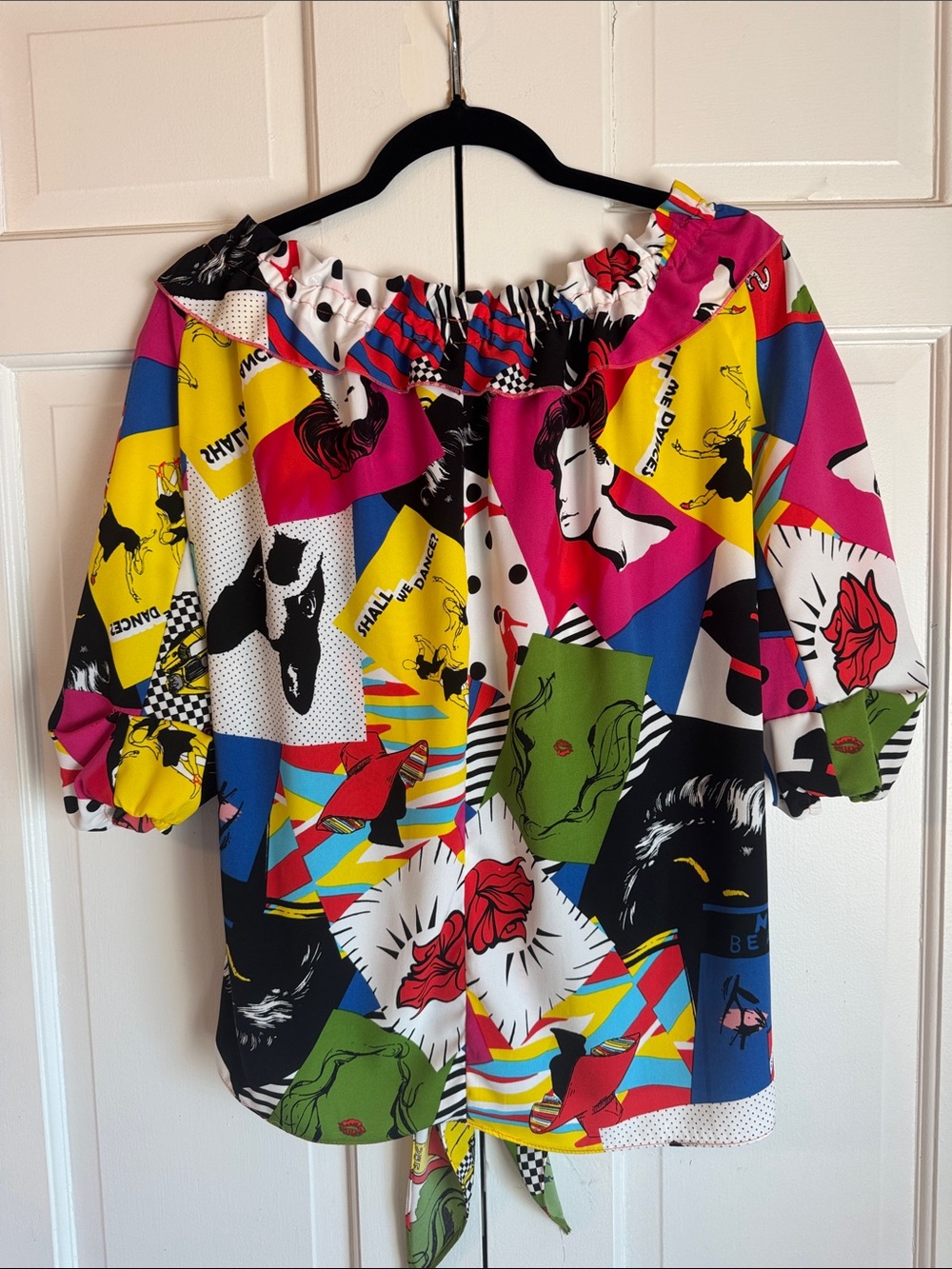 NWOT Vintage Jeff Gallano Paris Graphic Pop Art Blouse w/ Ruffle Off/On Shoulder - Picture 2 of 8